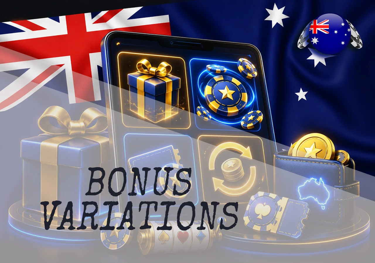 Common casino bonus types in Australia, including matched welcome bonus, free spins, no deposit, and cashback
