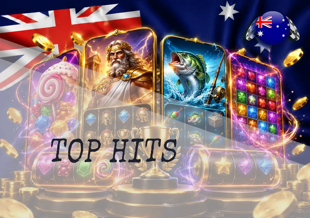 Top Pragmatic Play pokie hits for Australian players with game cards, reels, coins, and trophy