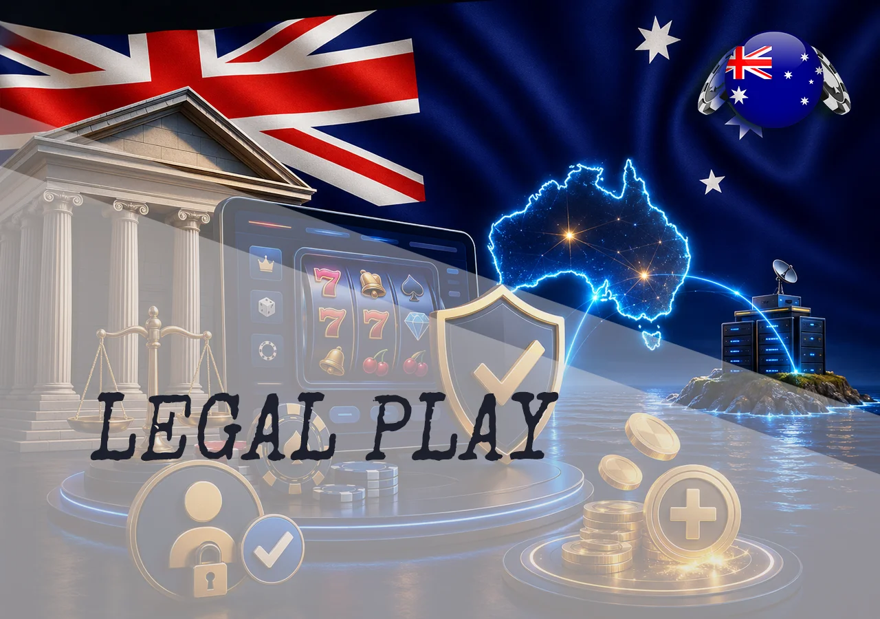 Legal aspects of playing online pokies in Australia with law, protection, Australia map, and secure casino interface